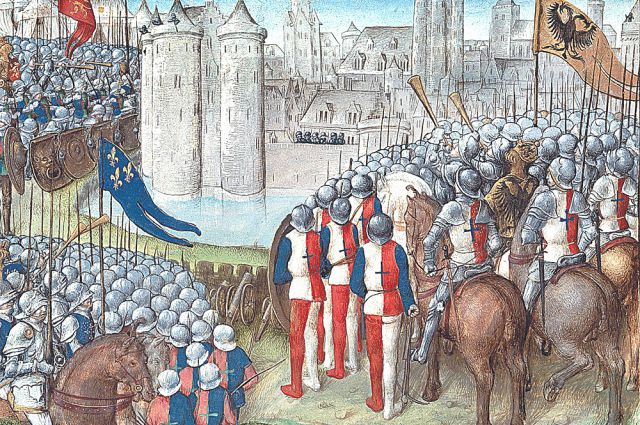 Осада крестоносцами Дамаска в 1148 г. армиями короля Иерусалима Балдуина III, короля Франции Людовика VII и короля Германии Конрада III (двуглавый орёл на флаге - герб Германии того времени)